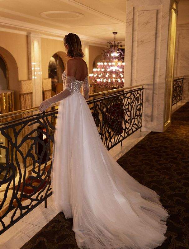 rose gold a line wedding dress Andrea & Leo ANASTASIA A1023 Evening Gown Size 6 Rose Gold A Line Sheer Feather Beaded off Shoulder main image 1