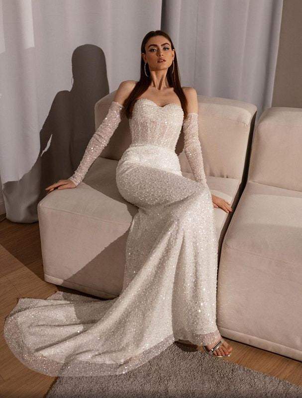 Bald White Wedding Dress-danddclothing-Classic Elegant Gowns,Mermaid,Royal Wedding Dresses,White
