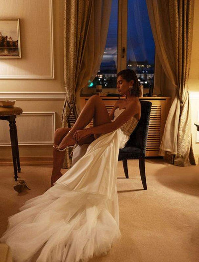 Mean White Wedding Dress-danddclothing-A-line,Classic Elegant Gowns,Royal Wedding Dresses,White
