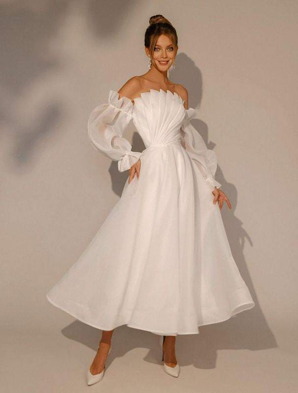 Visual White Wedding Dress-danddclothing-A-line,Classic Elegant Gowns,Royal Wedding Dresses,White