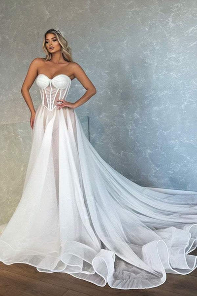 Skin Tone White Wedding Dress-danddclothing-A-line,Classic Elegant Gowns,Royal Wedding Dresses,White