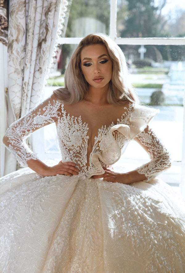 ball gown women's white wedding dress Sparkly White Wedding Dress| Wedding Gowns M / White / Lace