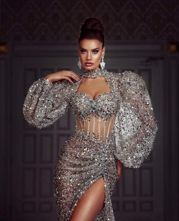 Shiny Silver Evening Dress| Latest Evening Dresses M / Silver / Lace Shiny Silver Evening Dress| Latest Evening Dresses M / Silver / Lace
