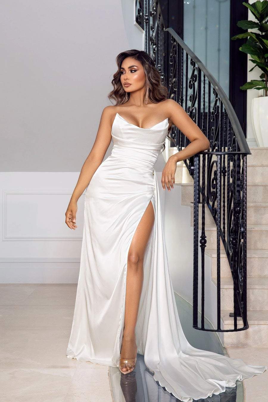 Glossy White Evening Dress | Evening Dresses – D&D Clothing