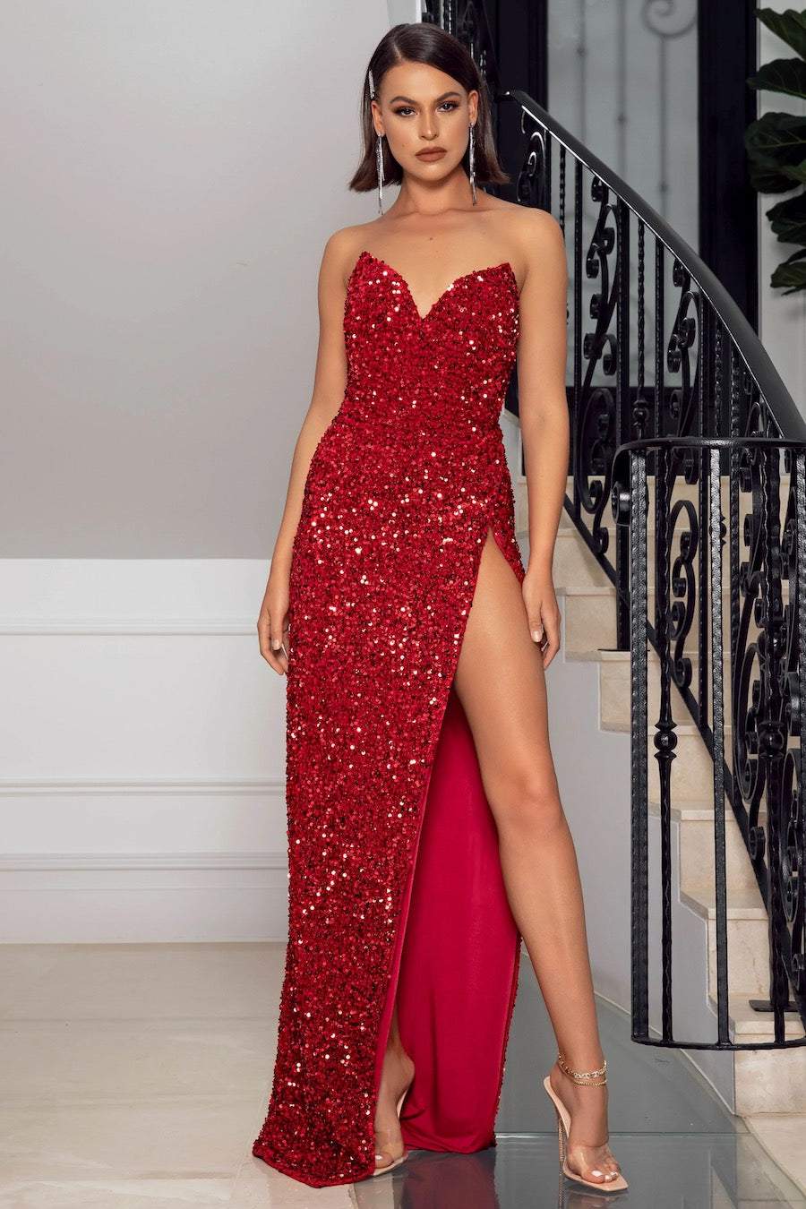 RED GLOSS EVENING DRESS-danddclothing-Classic Elegant Gowns,Evening Dresses,Long