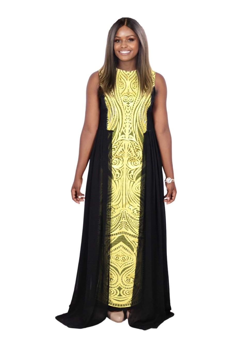 African Evening Black and Yellow Dress-danddclothing-Classic Elegant Gowns,Evening Dresses,Long