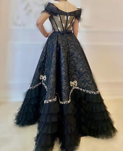 Black Evening Dress Flowers-danddclothing-Classic Elegant Gowns,Evening Dresses,Long