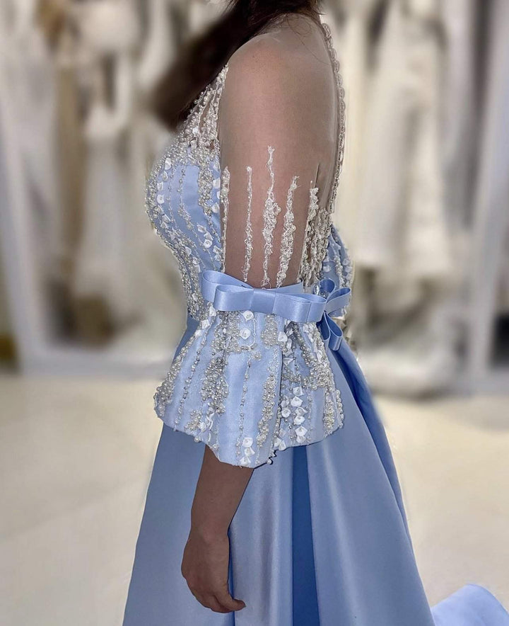 Light Blue Evening Dress Flowers M