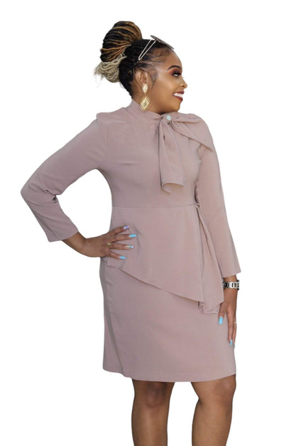 Ladies Office Dress Beige Bow-danddclothing-AFRICAN WEAR FOR WOMEN,Dresses,Pink