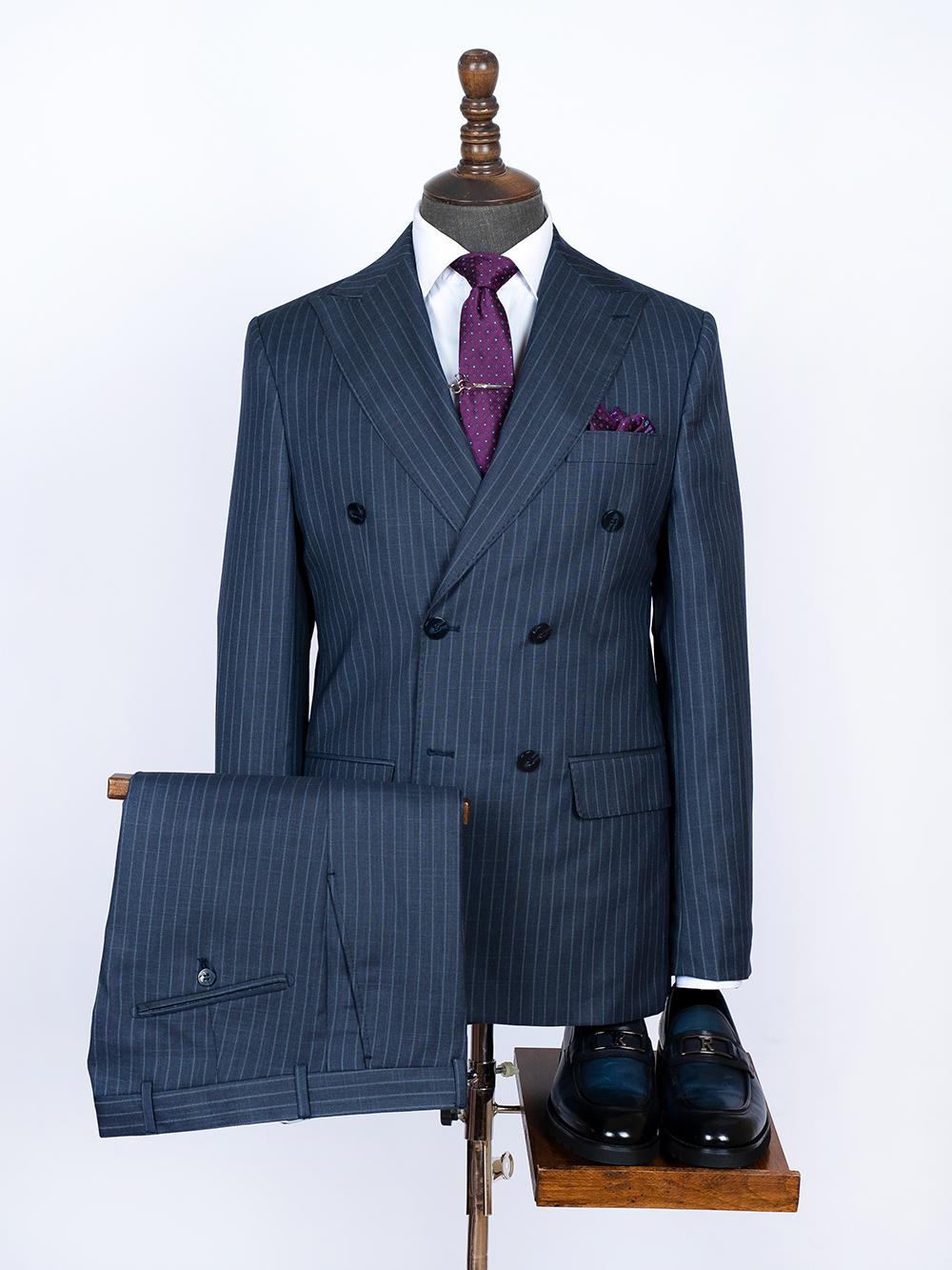 Double Breasted Navy Strips Bespoke Men Suit Tailored