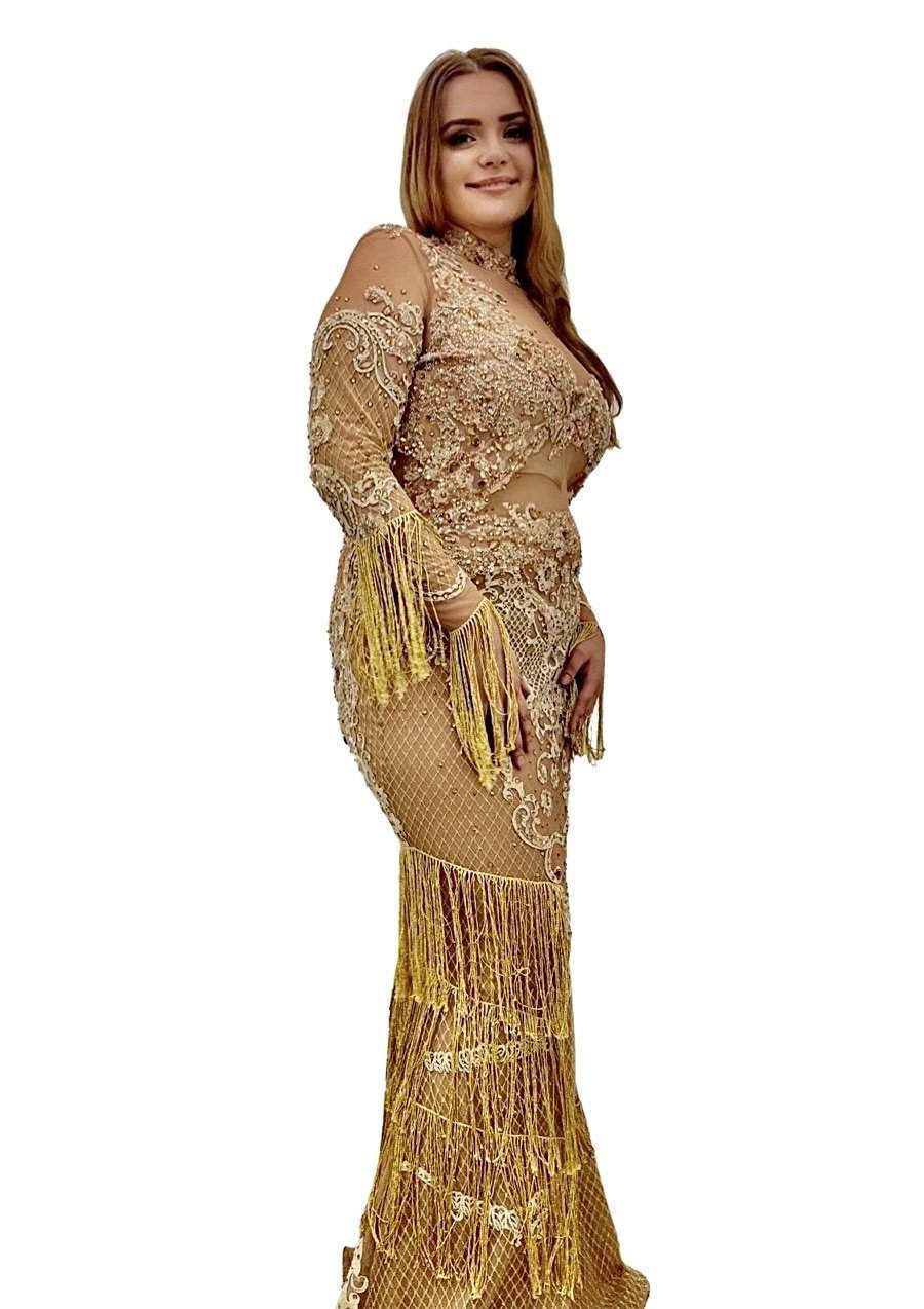 Gold Evening Dress with Stones XS