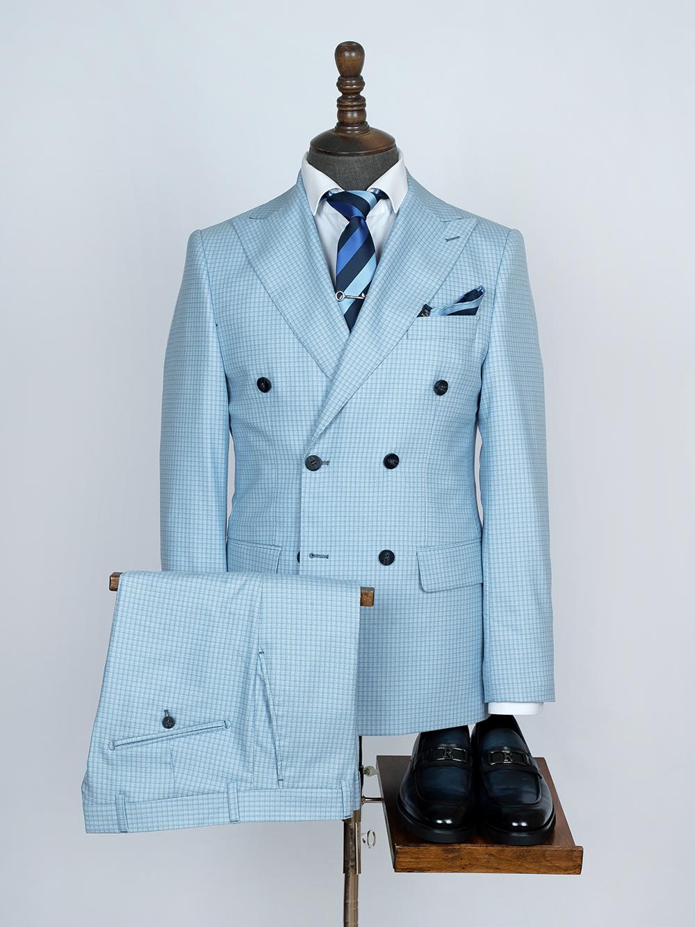 Double Breasted Baby Blue Bespoke Men Suit Tailored