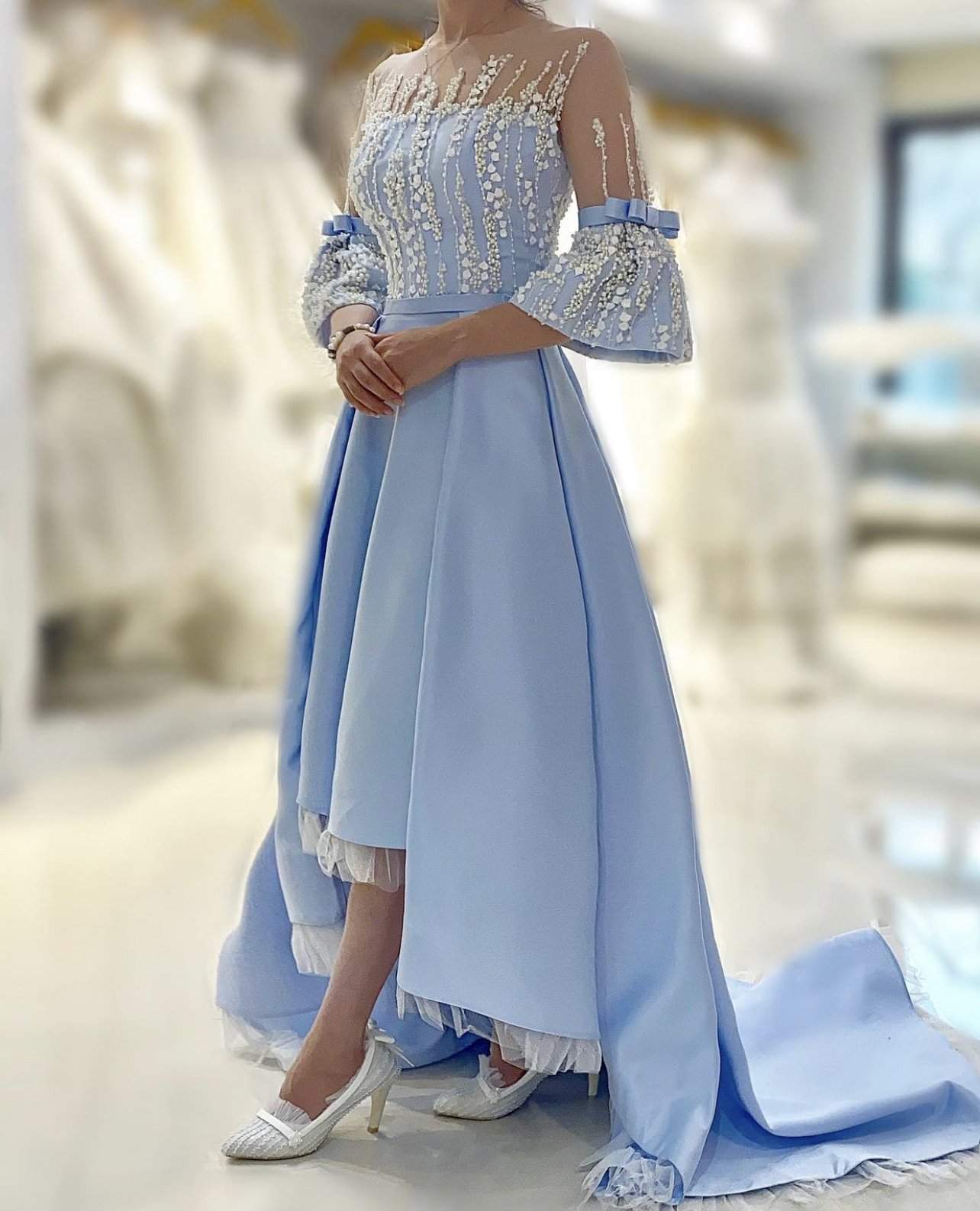 Light Blue Evening Dress Flowers-danddclothing-Classic Elegant Gowns,Evening Dresses,Long