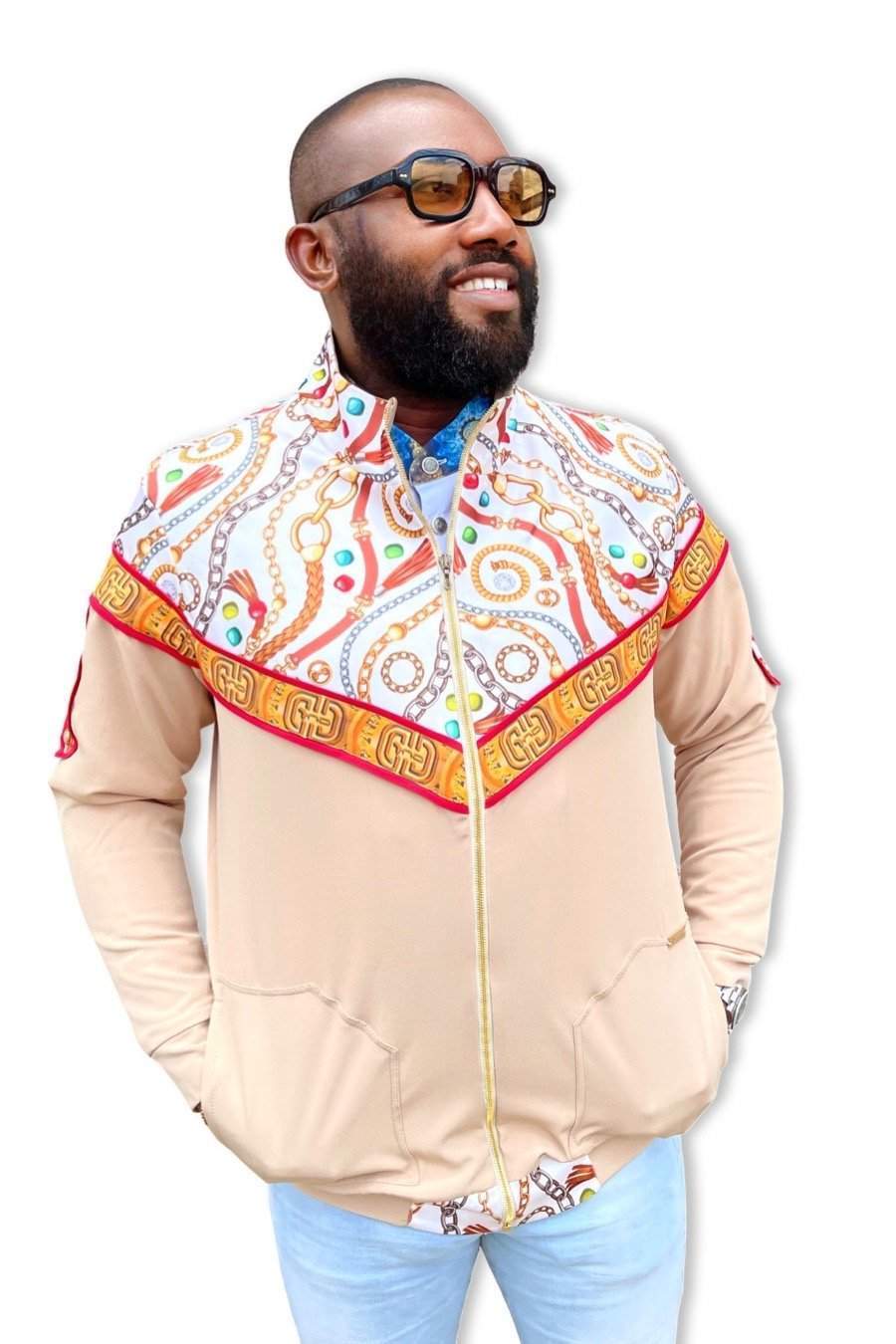 African Bomber Jacket For Men Beige-danddclothing-African Wear for Men,FEATURED,Men Jackets,Multicolor