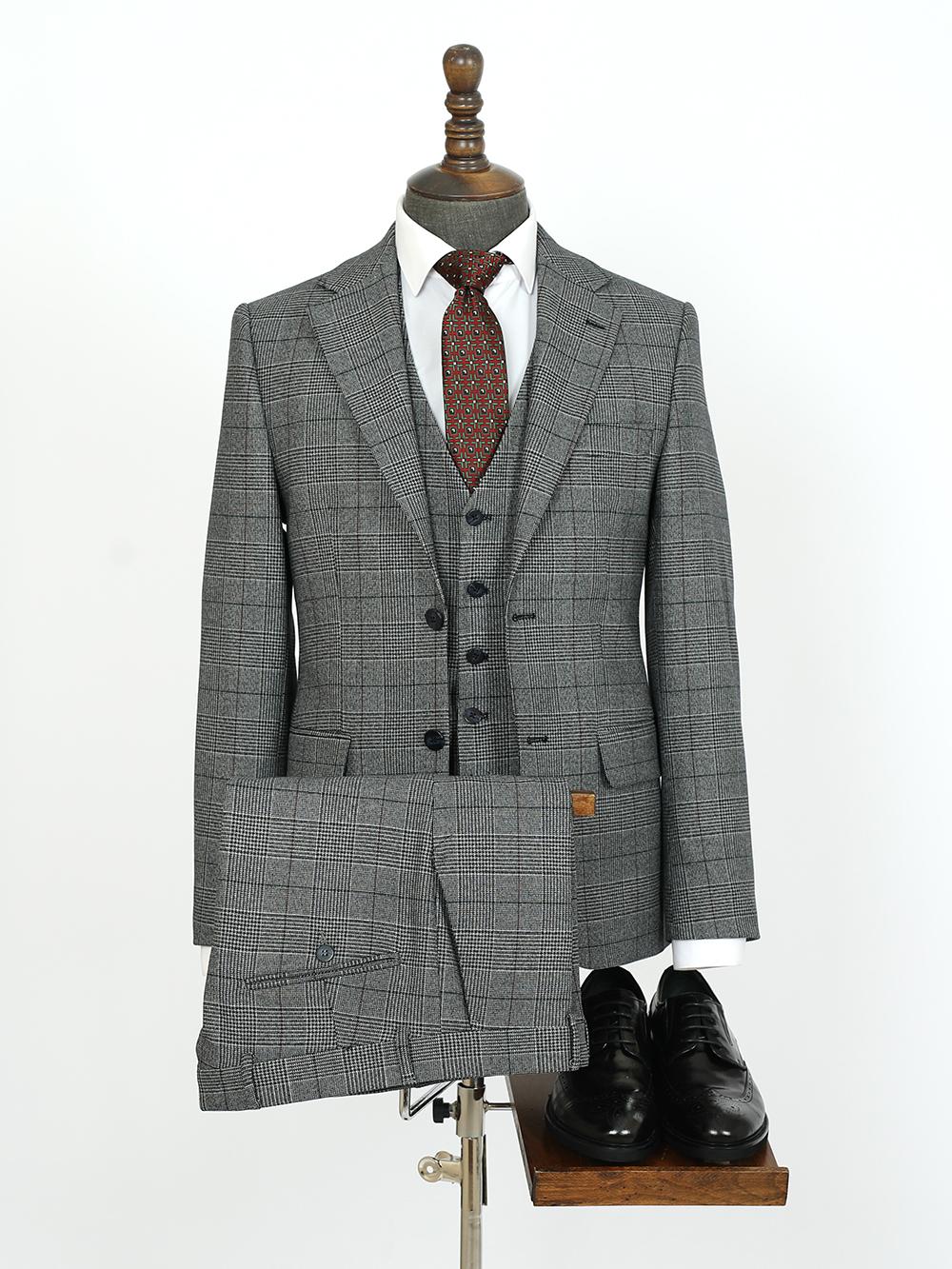 Check Gray Three Piece Bespoke Men Suit Tailored