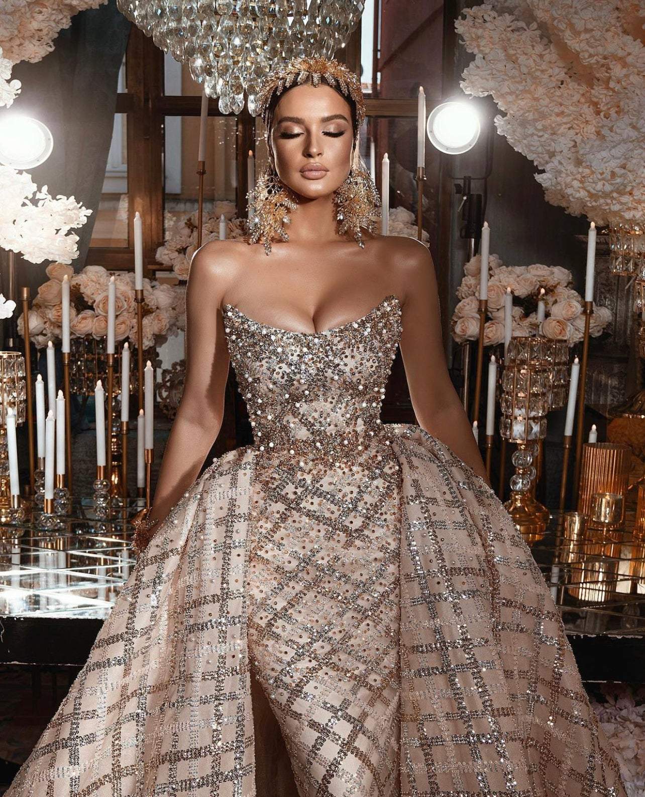 Gold Wedding Dress with Detachable Skirt XXXL / Gold / Lace Gold Wedding Dress with Detachable Skirt XXXL / Gold / Lace
