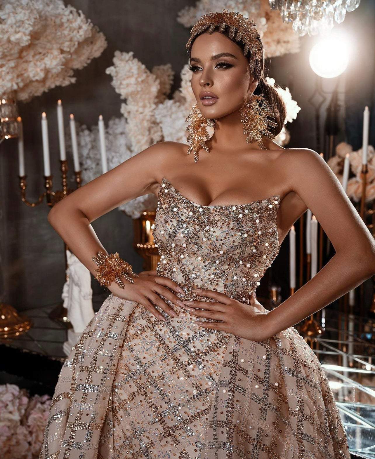 Gold Wedding Dress with Detachable Skirt XXXL / Gold / Lace