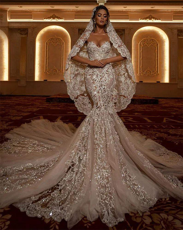 classy elegant mermaid wedding dress Elegant Mermaid V Neck Lace Wedding Dresses with Appliques AB100202 Anniebride