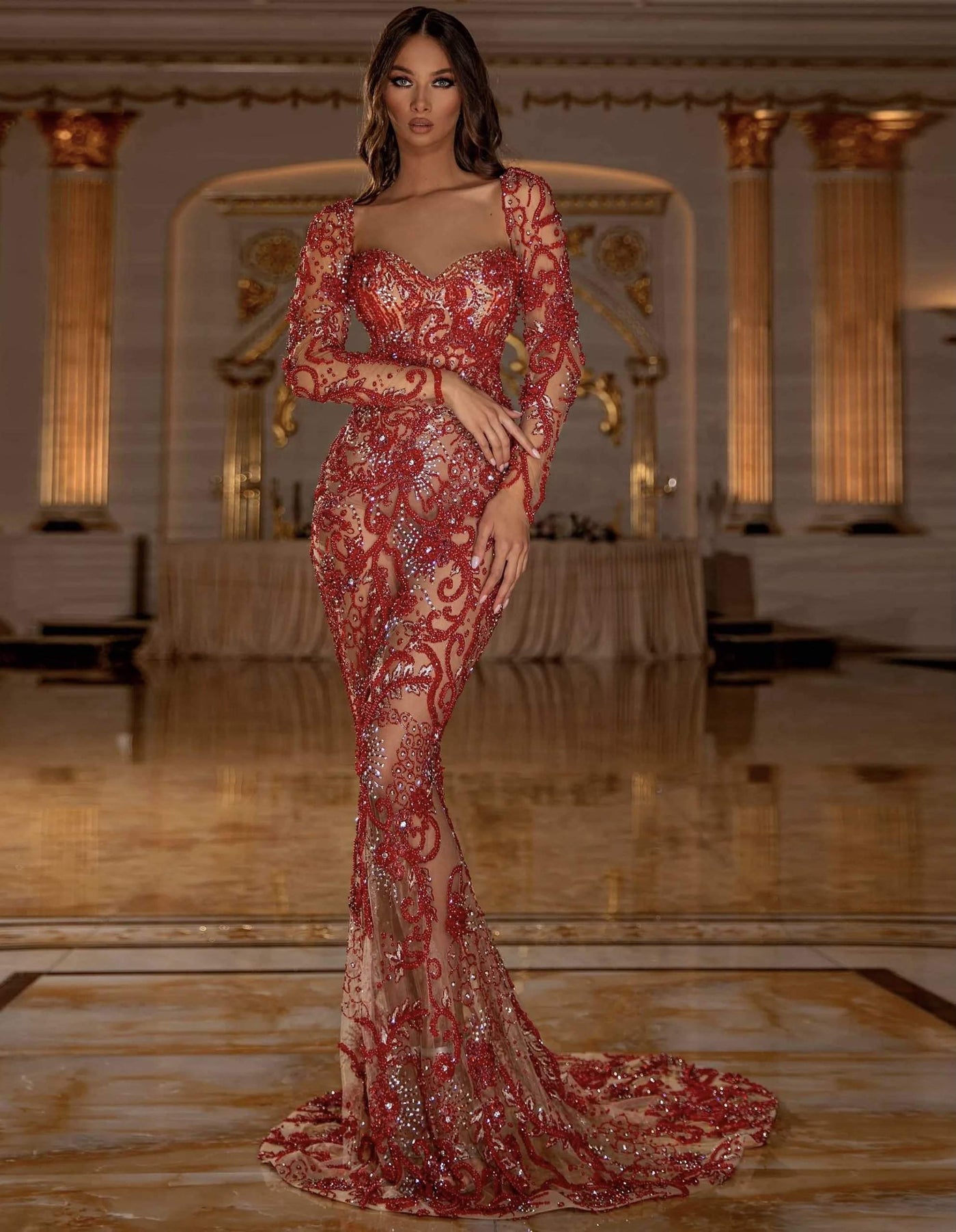 Red Beaded Evening Dress Red Beaded Evening Dress