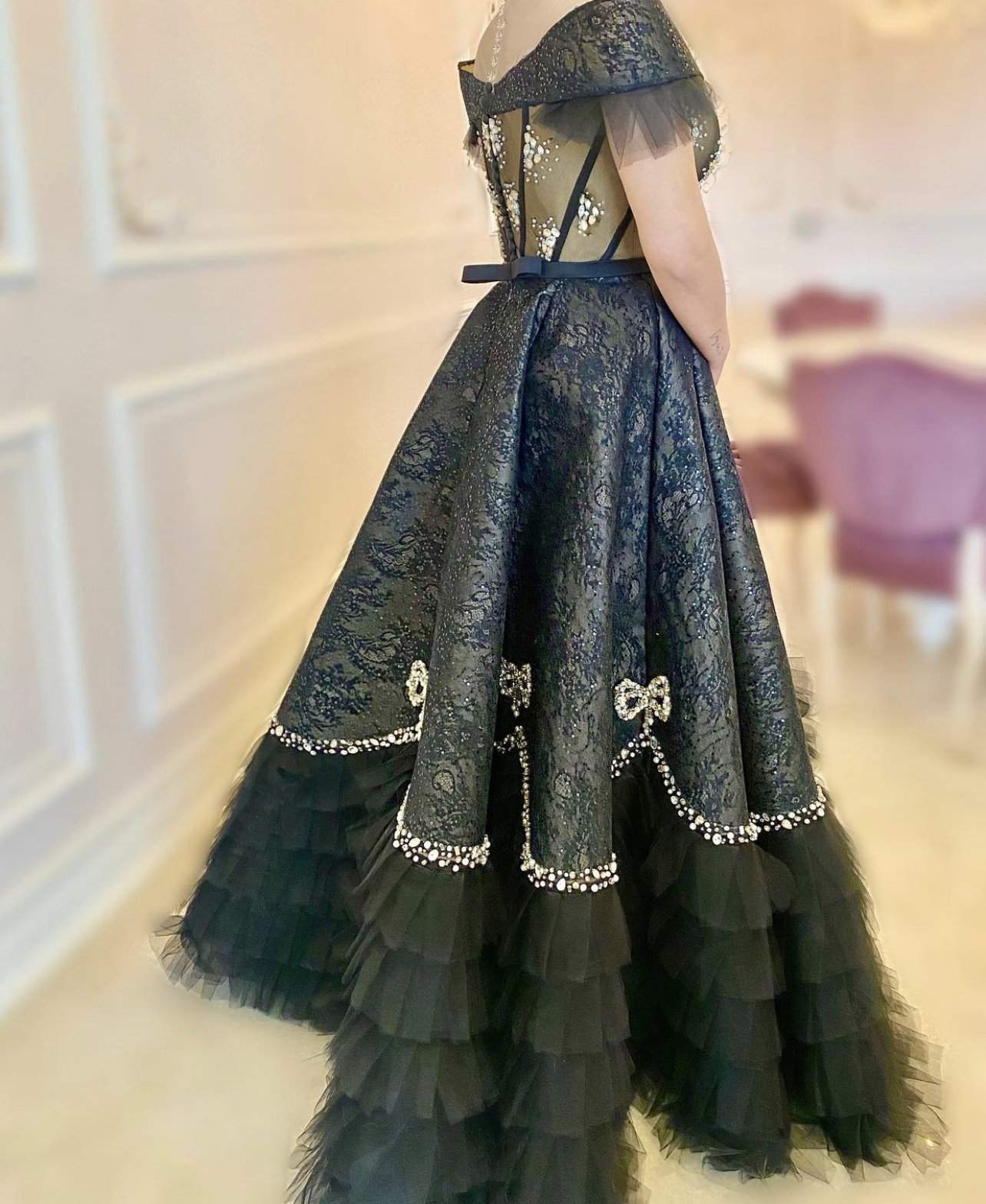 Black Evening Dress Flowers-danddclothing-Classic Elegant Gowns,Evening Dresses,Long