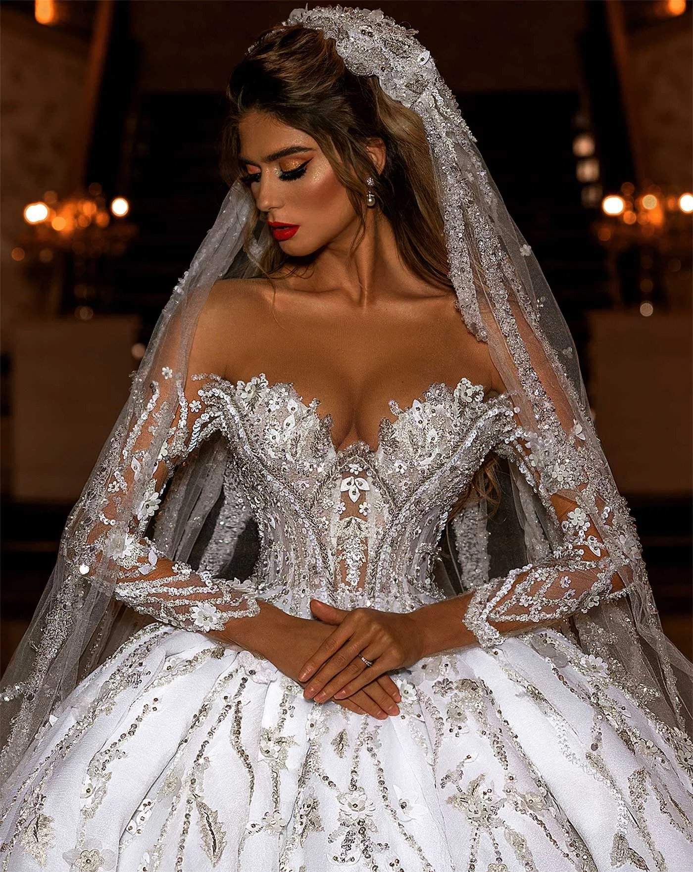 Online Beaded Ball Gown Appliques White Wedding Dress Transparent  Embroidered Plunge Long Sleeved Lace Gorgeous Backless With Train -  Ricici.com