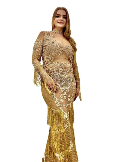 Gold Evening Dress with Stones-danddclothing-Classic Elegant Gowns,Evening Dresses,Long