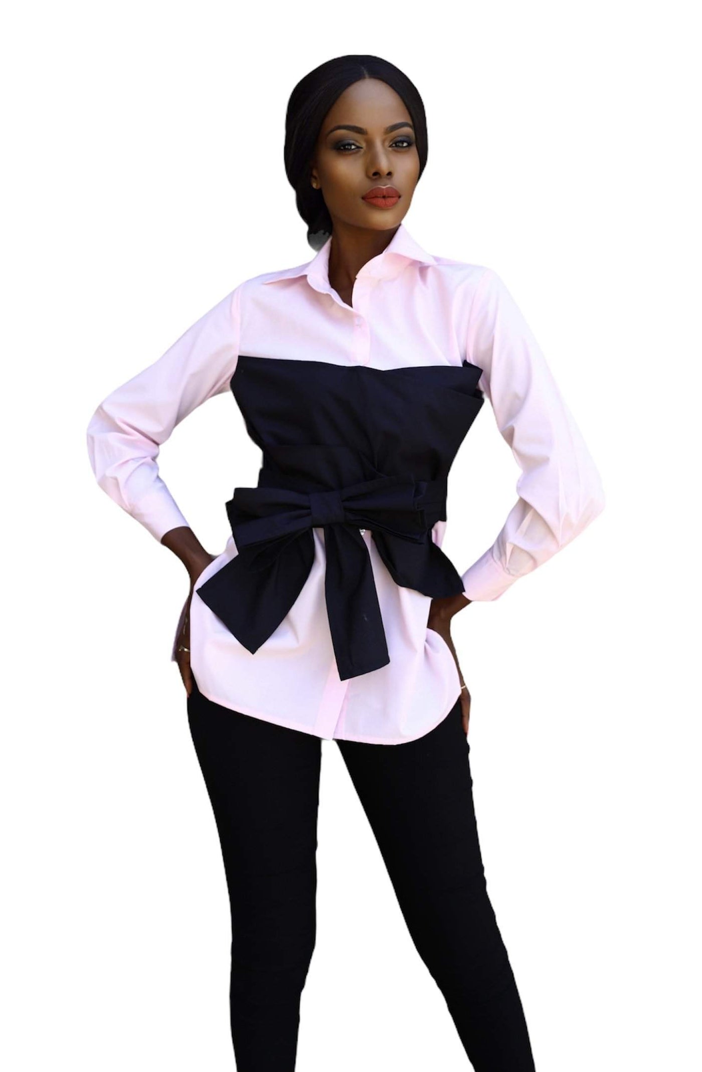 Office Shirt Pink Bow-danddclothing-AFRICAN WEAR FOR WOMEN,Female Tops,Tops,White