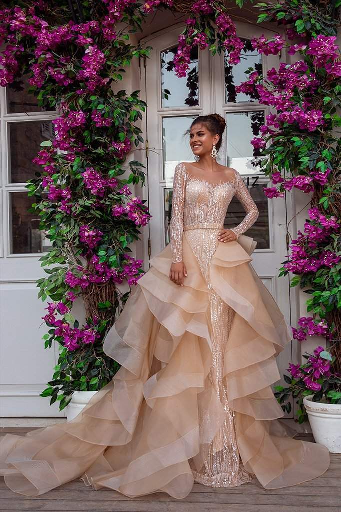 Sparkling Wedding Dress With Detachable Skirt XS / Beige Sparkling Wedding Dress With Detachable Skirt XS / Beige